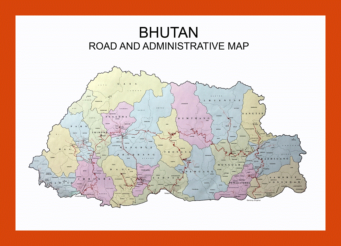 Road and administrative map of Bhutan