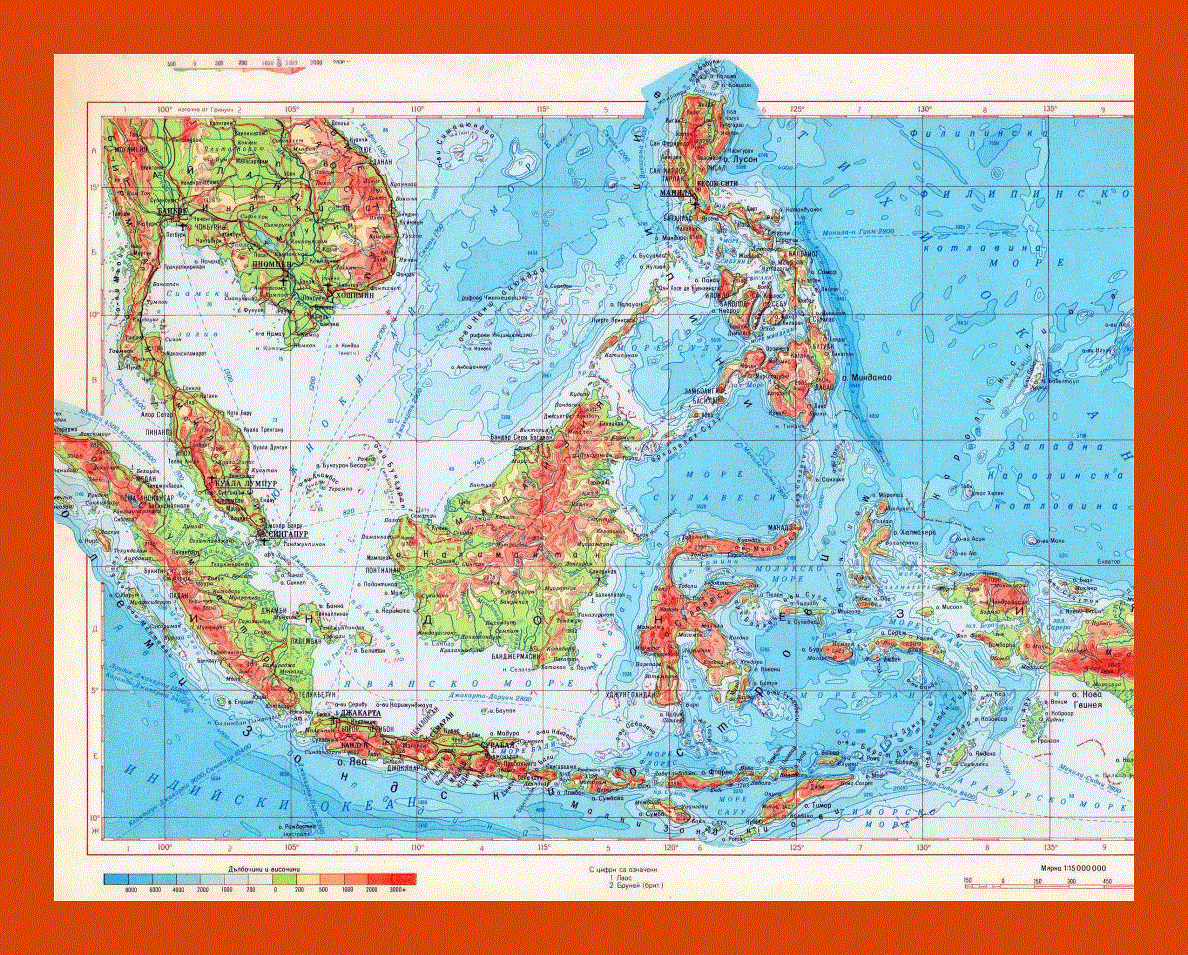 Physical map of Indonesia in russian