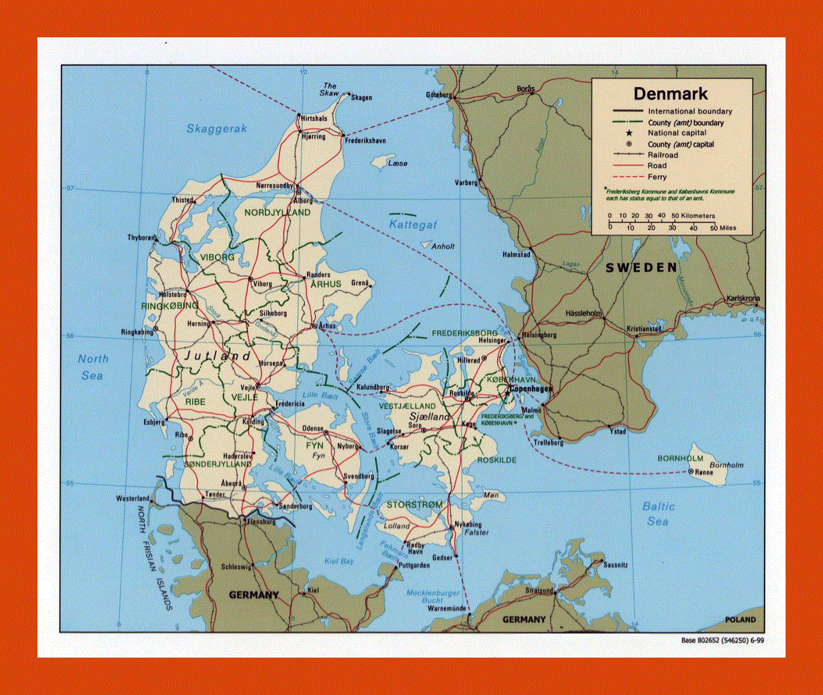 Political and administrative map of Denmark - 1999
