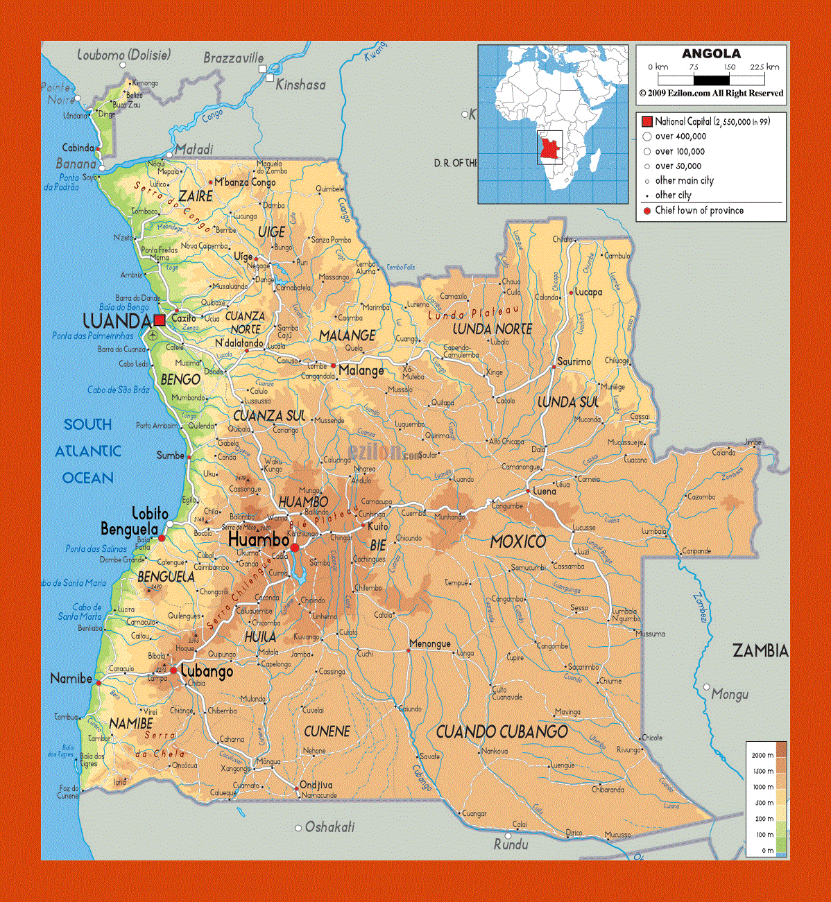 Physical map of Angola