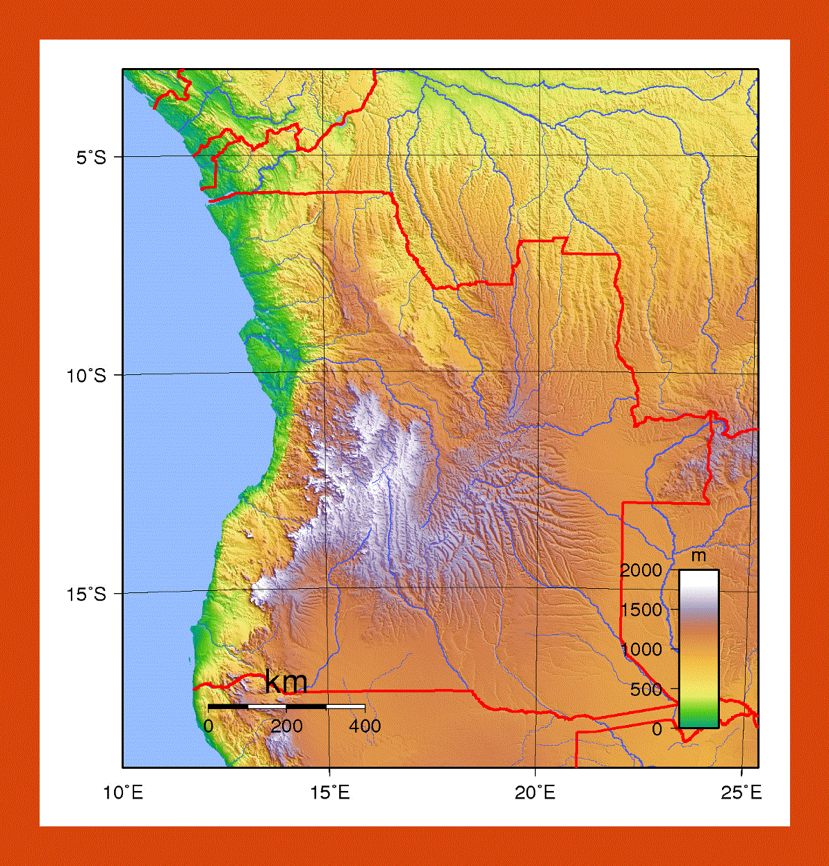 Physical map of Angola