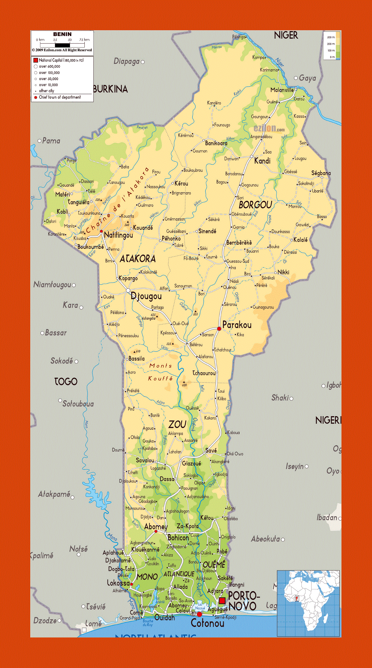 Physical map of Benin