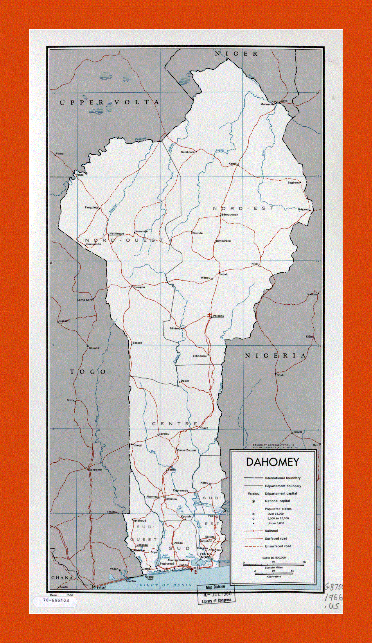 Political and administrative map of Benin - 1966