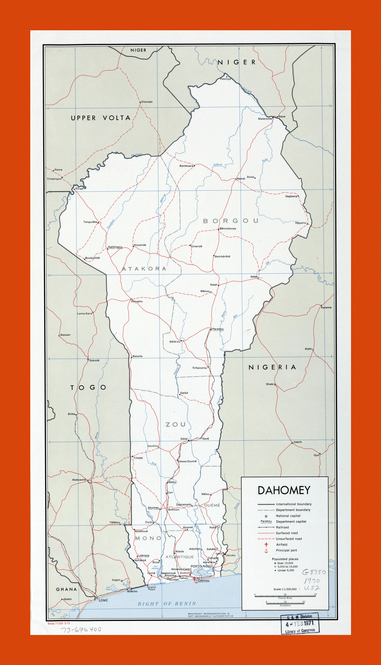 Political and administrative map of Benin - 1970
