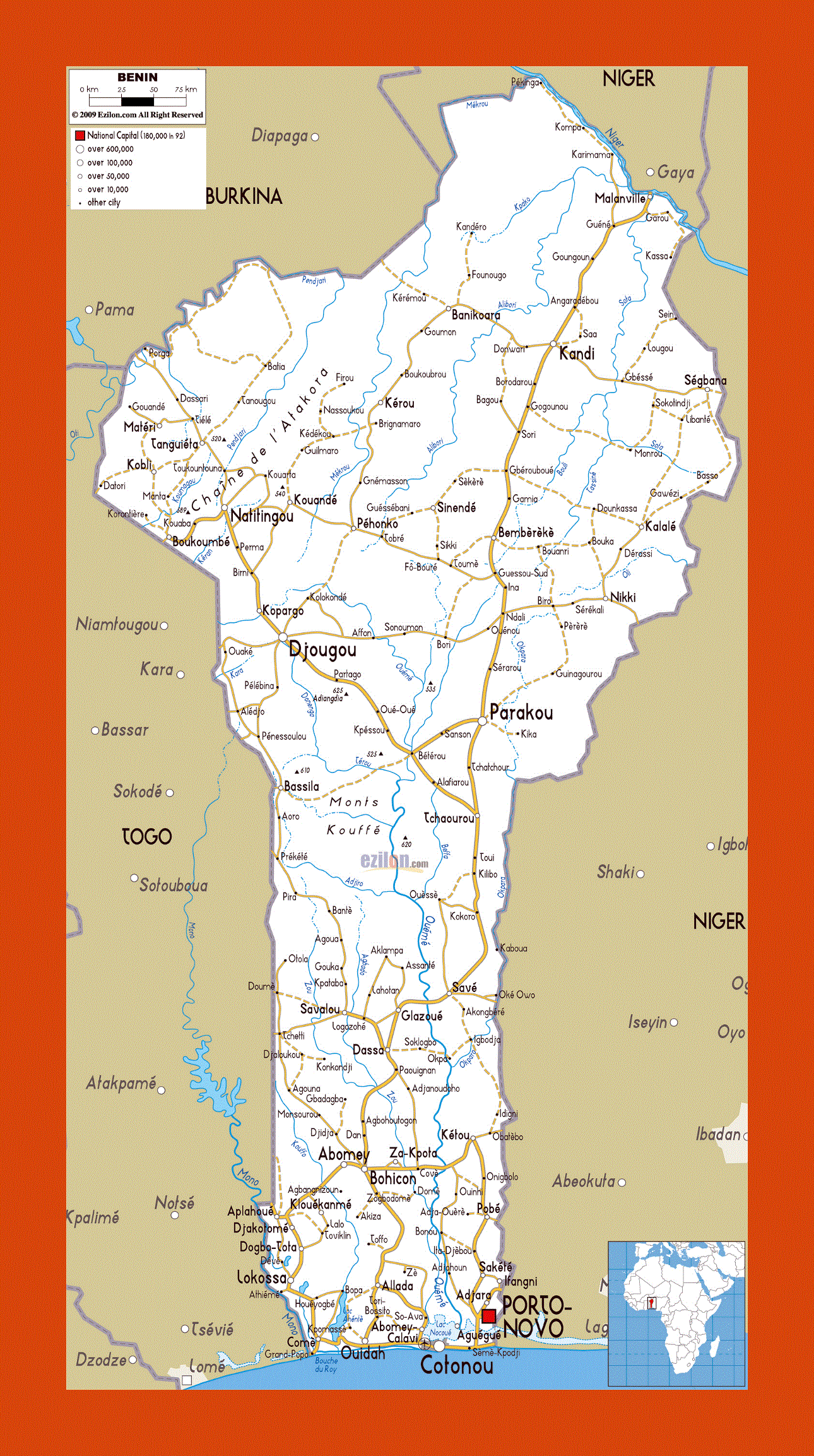 Road map of Benin