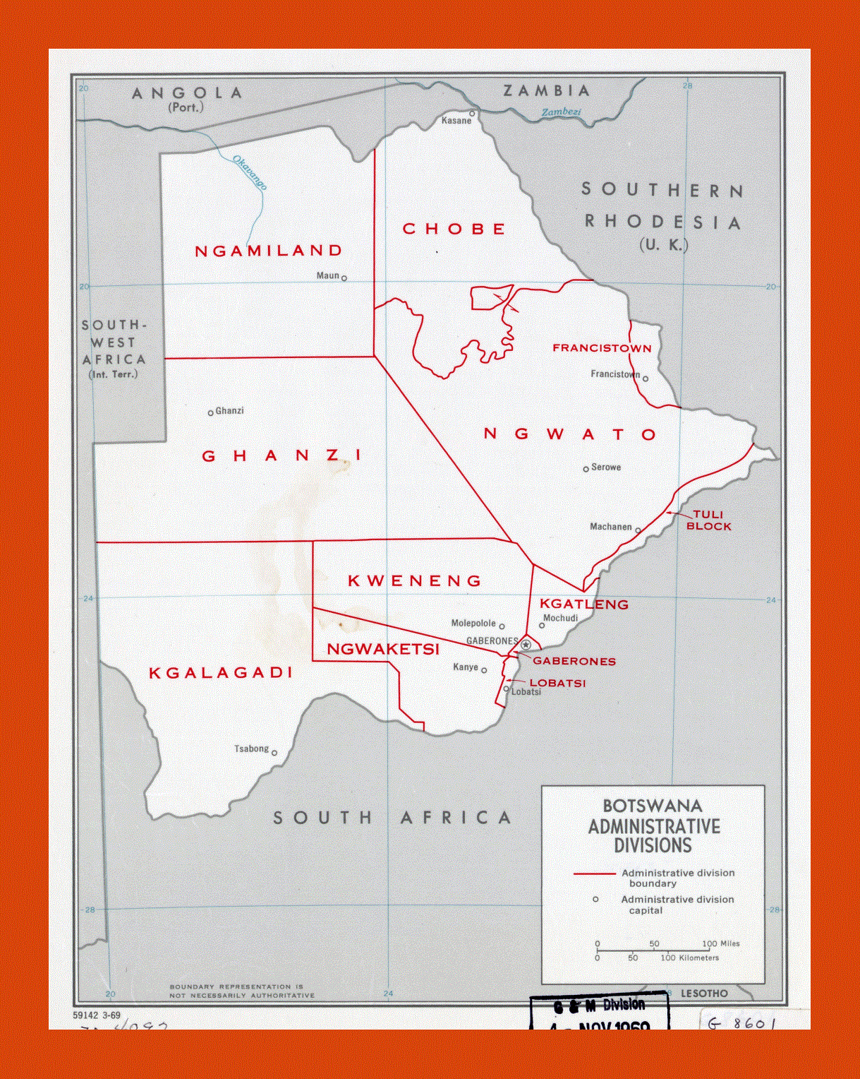Administrative divisions map of Botswana - 1969