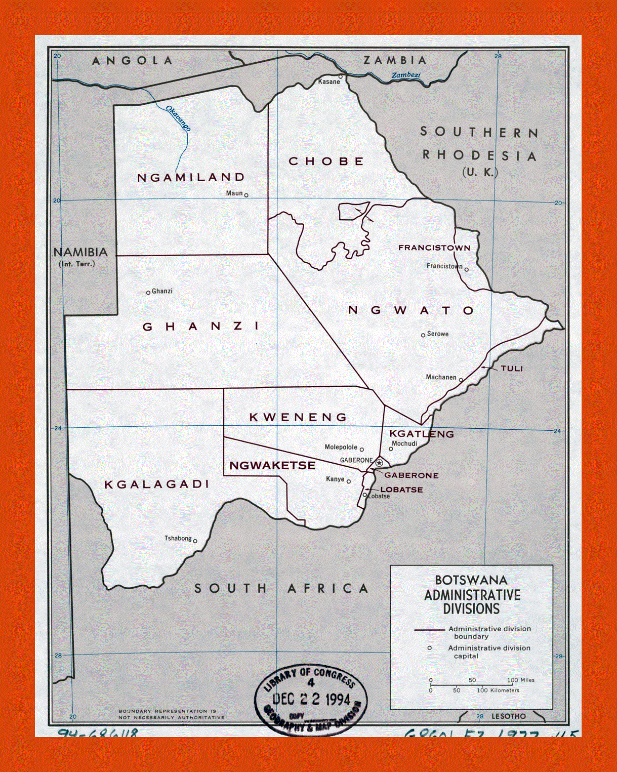Administrative divisions map of Botswana - 1977