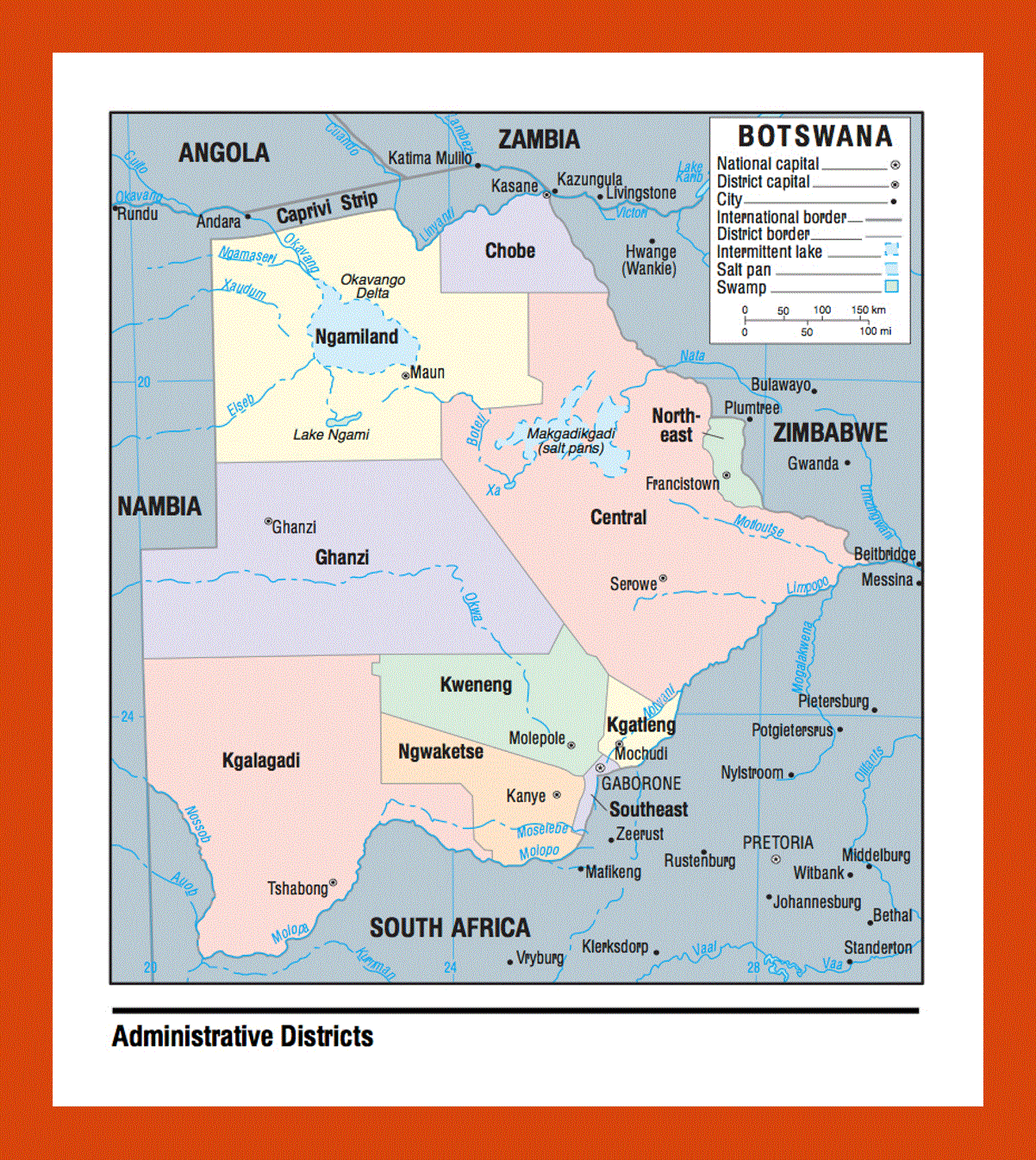 Administrative divisions map of Botswana