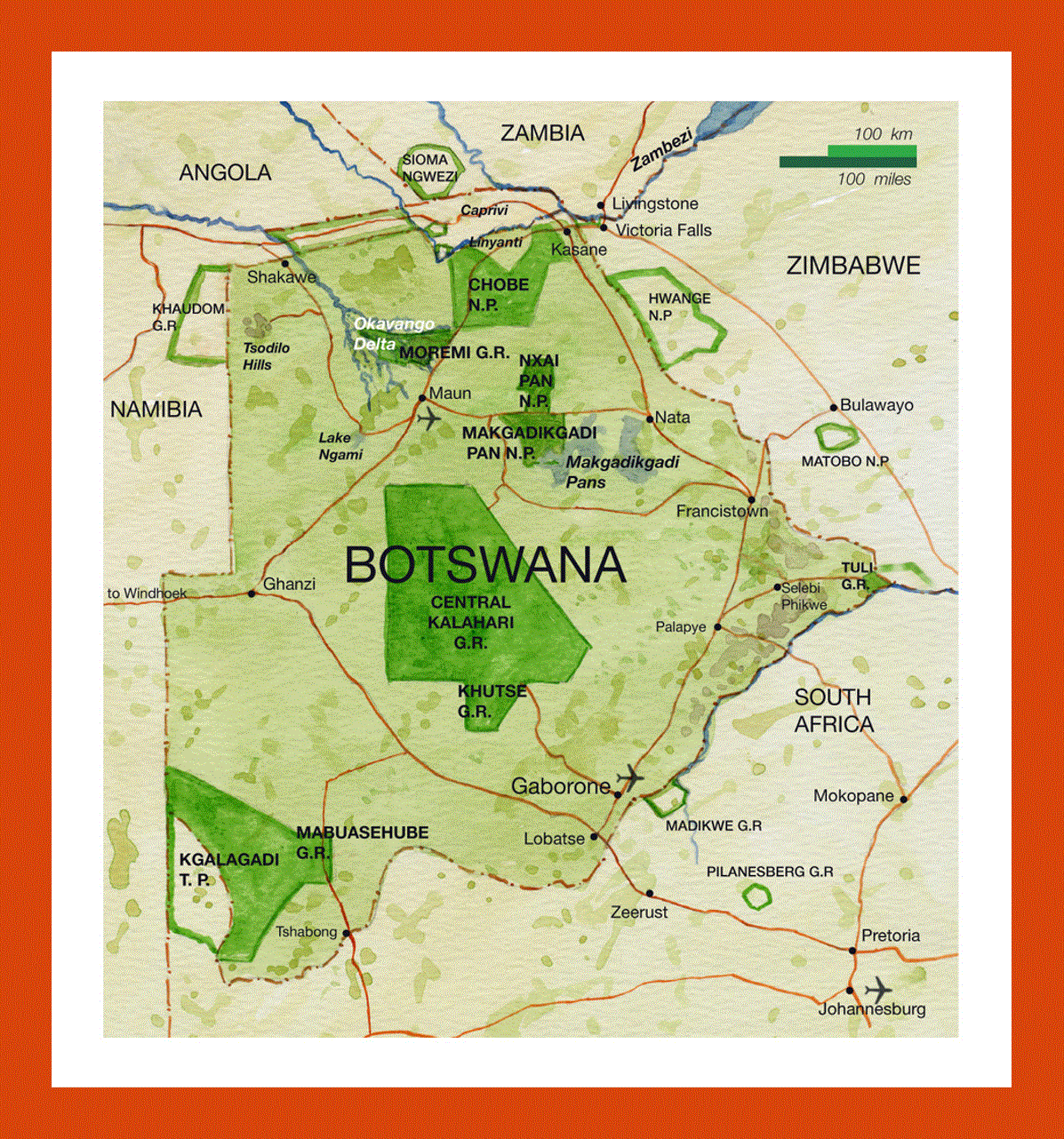 National parks map of Botswana
