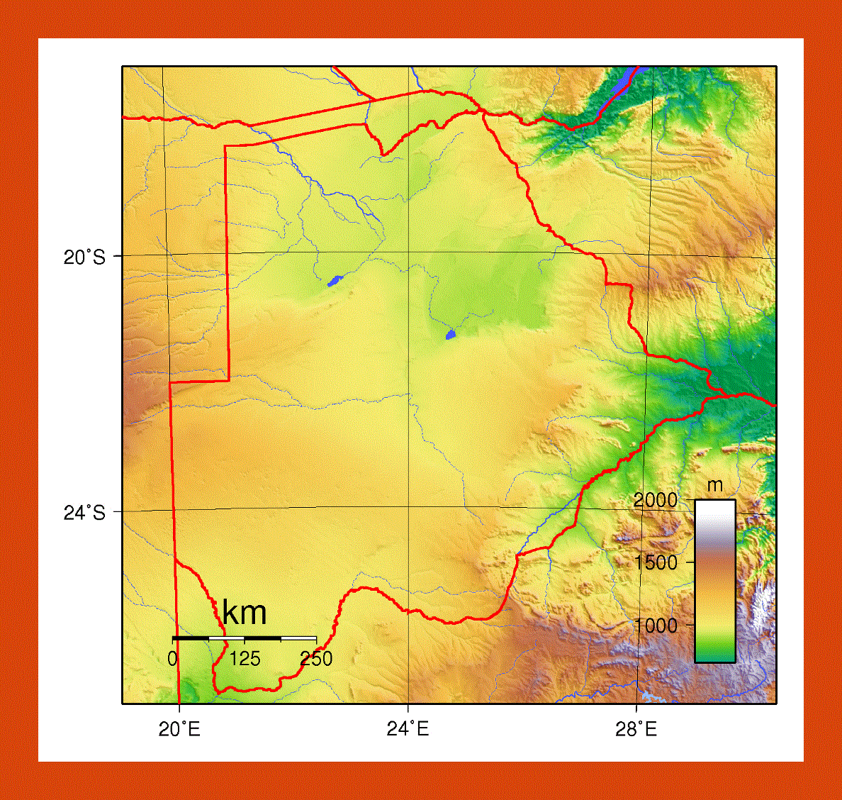 Physical map of Botswana
