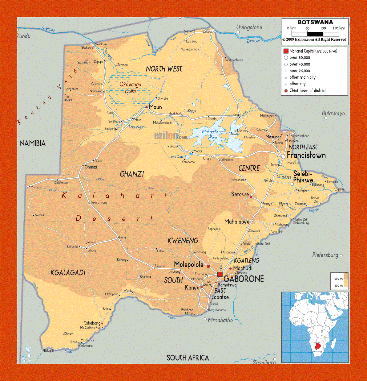 Physical map of Botswana