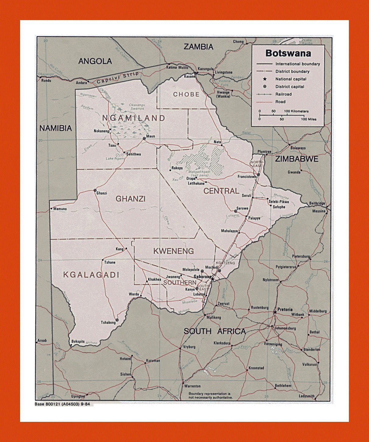 Political and administrative map of Botswana - 1984