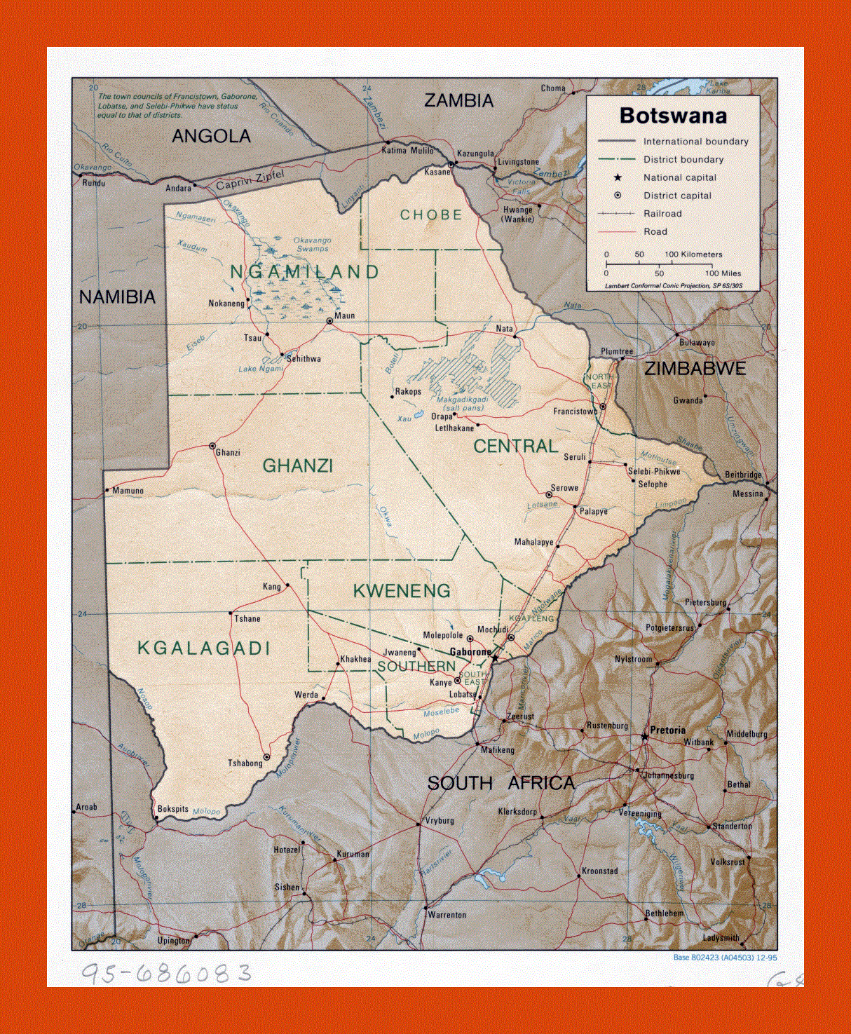 Political and administrative map of Botswana - 1995