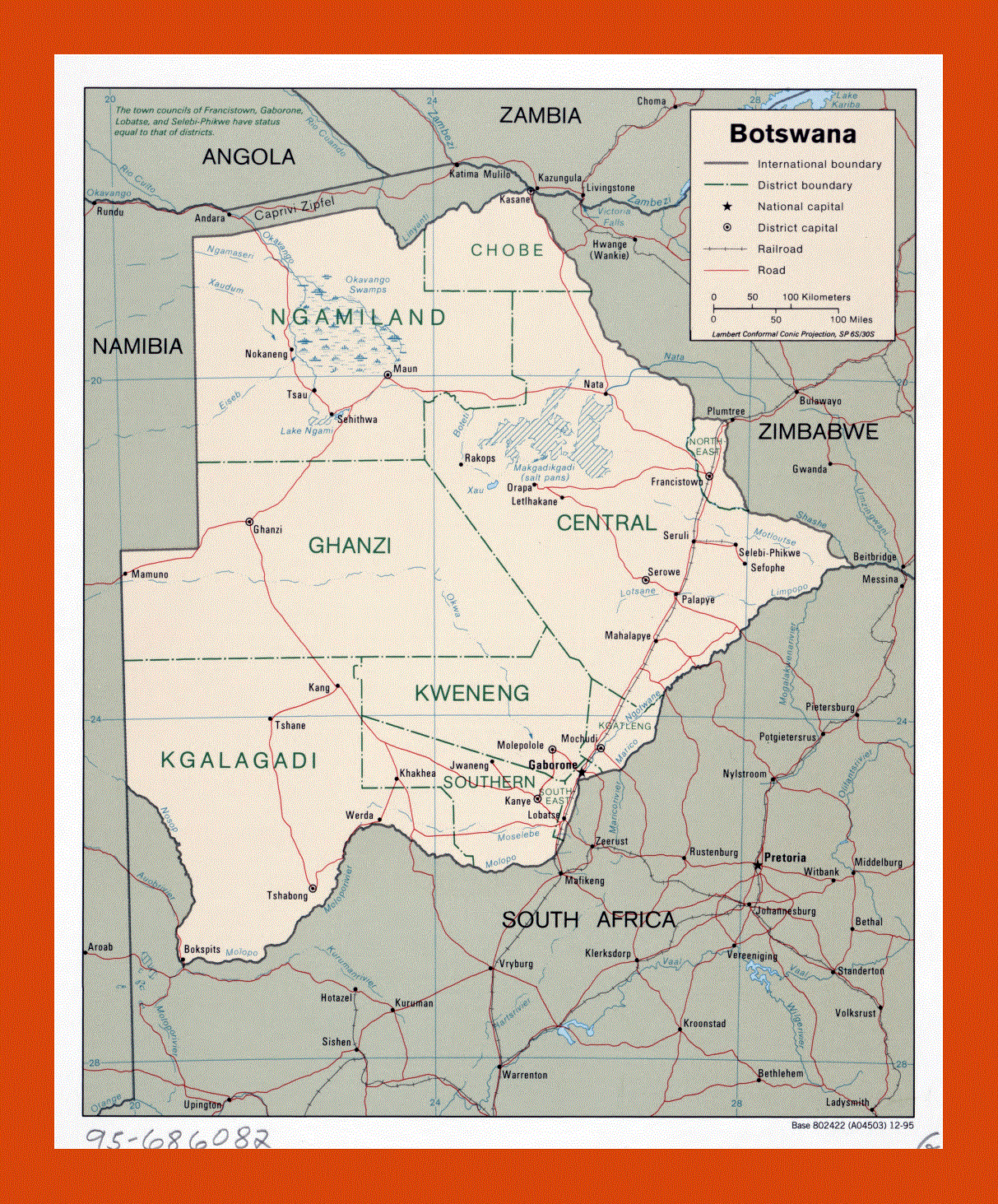 Political and administrative map of Botswana - 1995