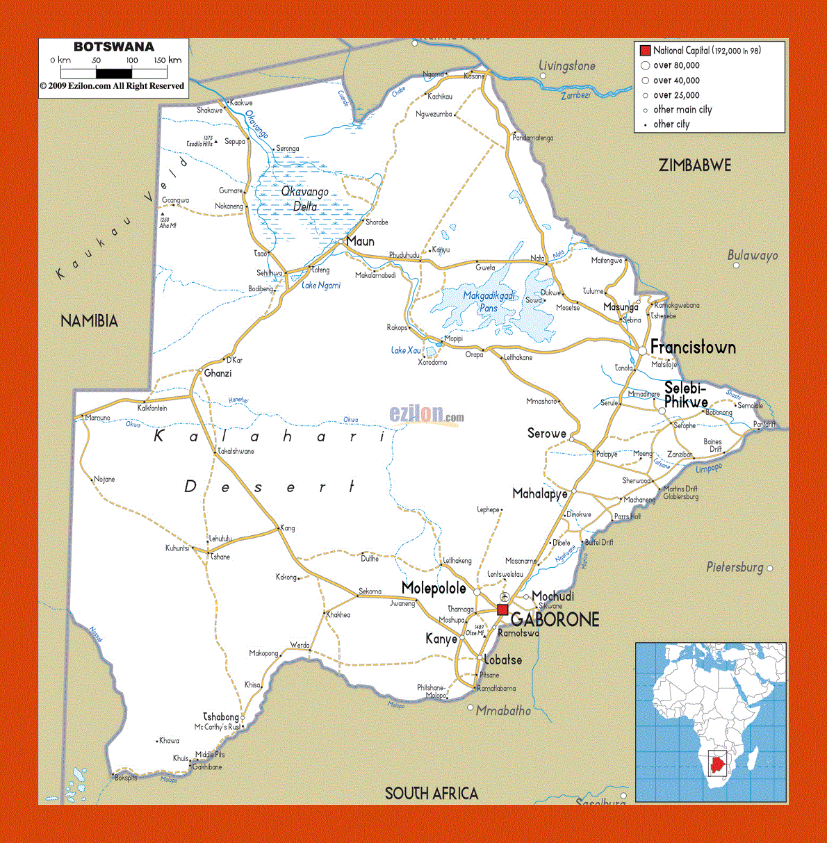 Road map of Botswana