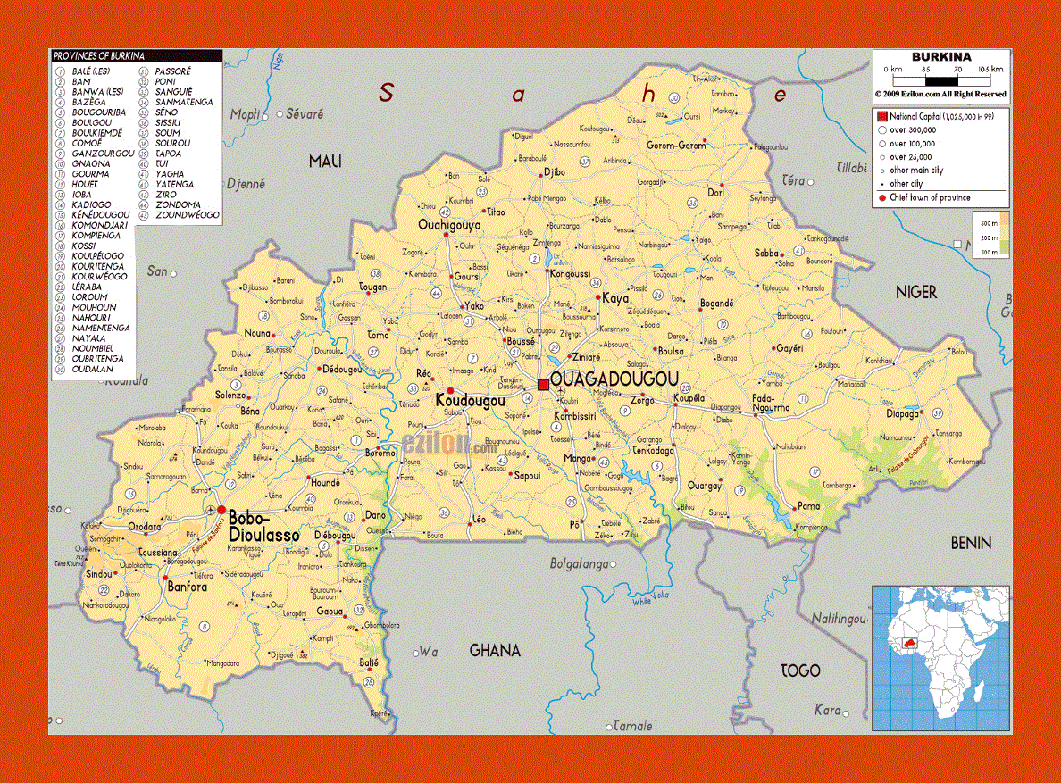 Physical map of Burkina Faso