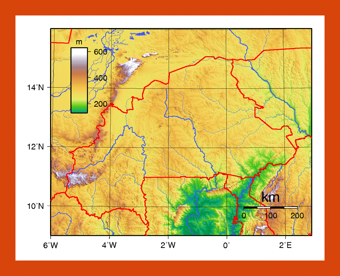 Physical map of Burkina Faso