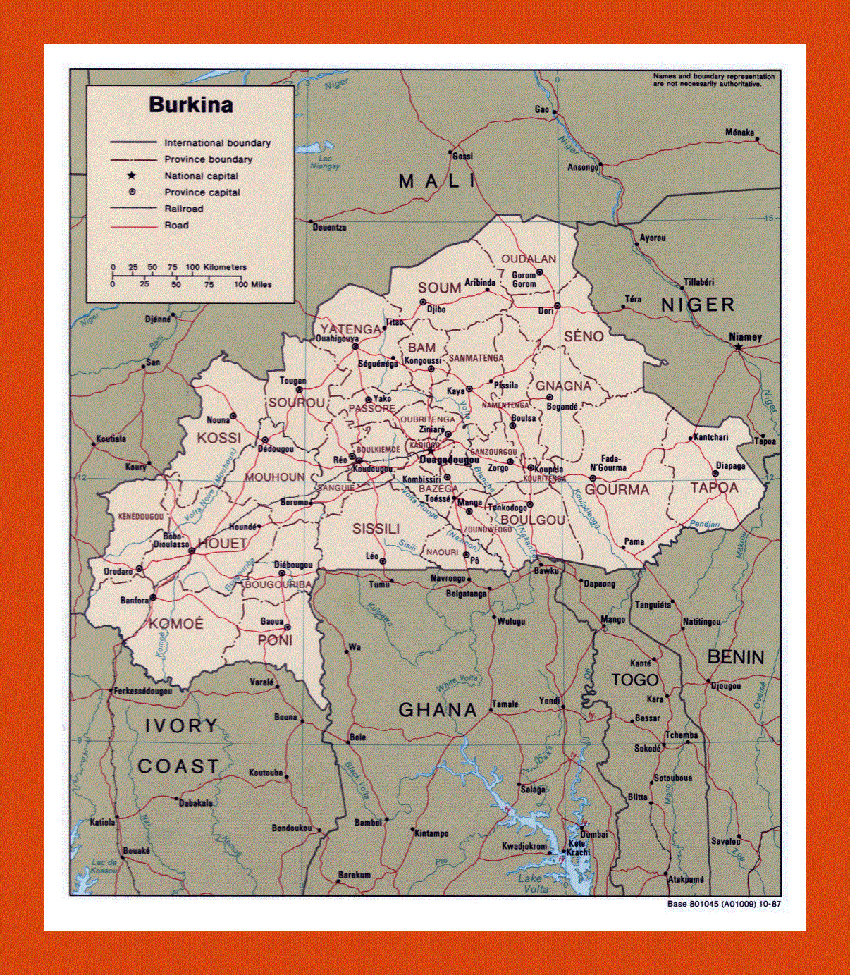 Political and administrative map of Burkina Faso - 1987