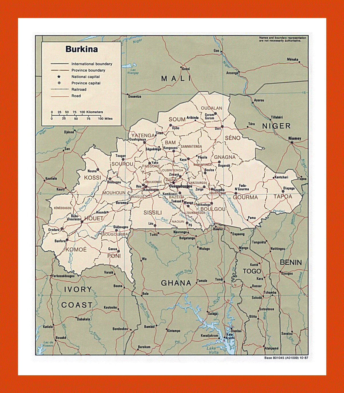 Political and administrative map of Burkina Faso - 1987