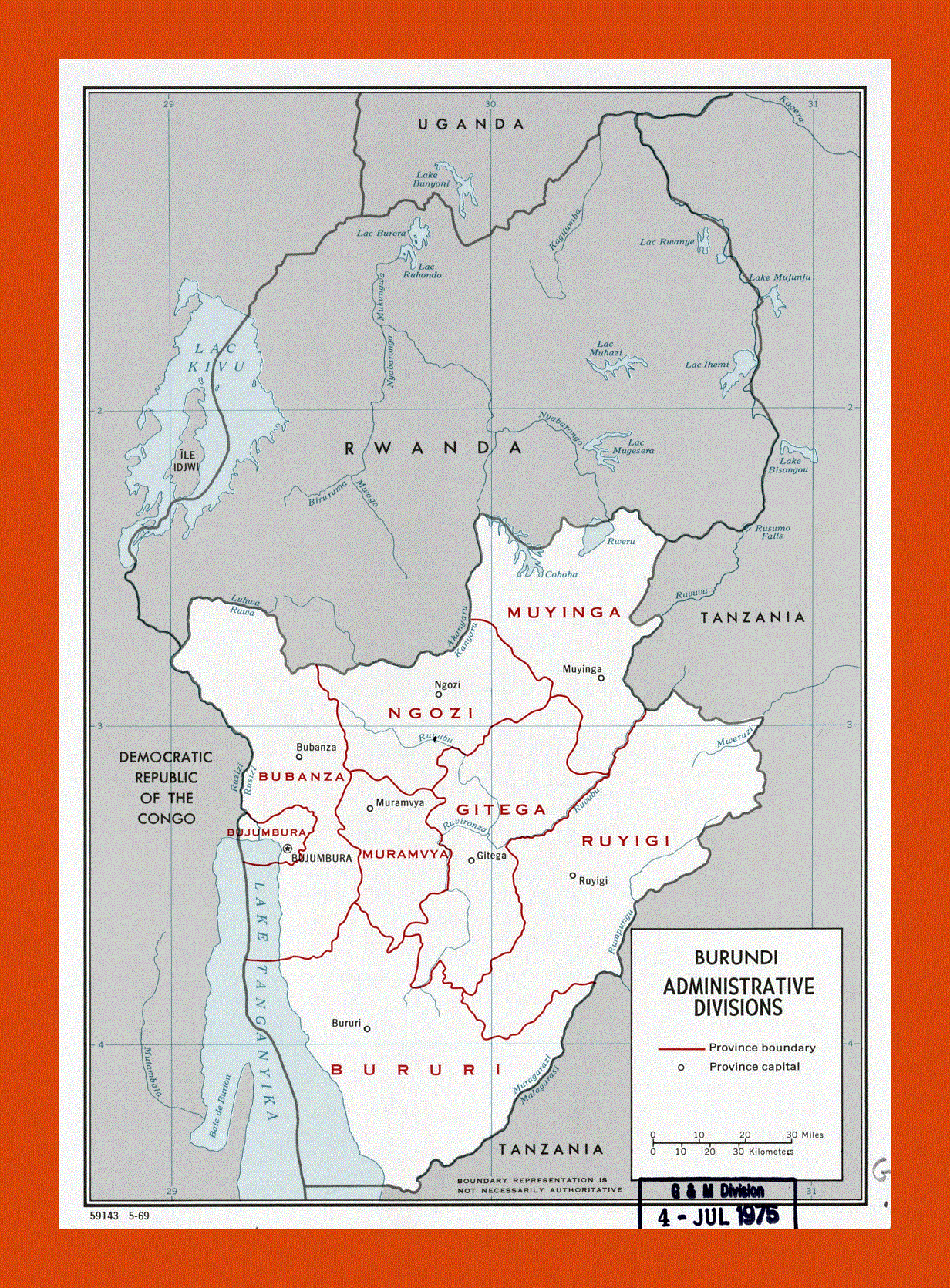 Administrative divisions map of Burundi - 1969