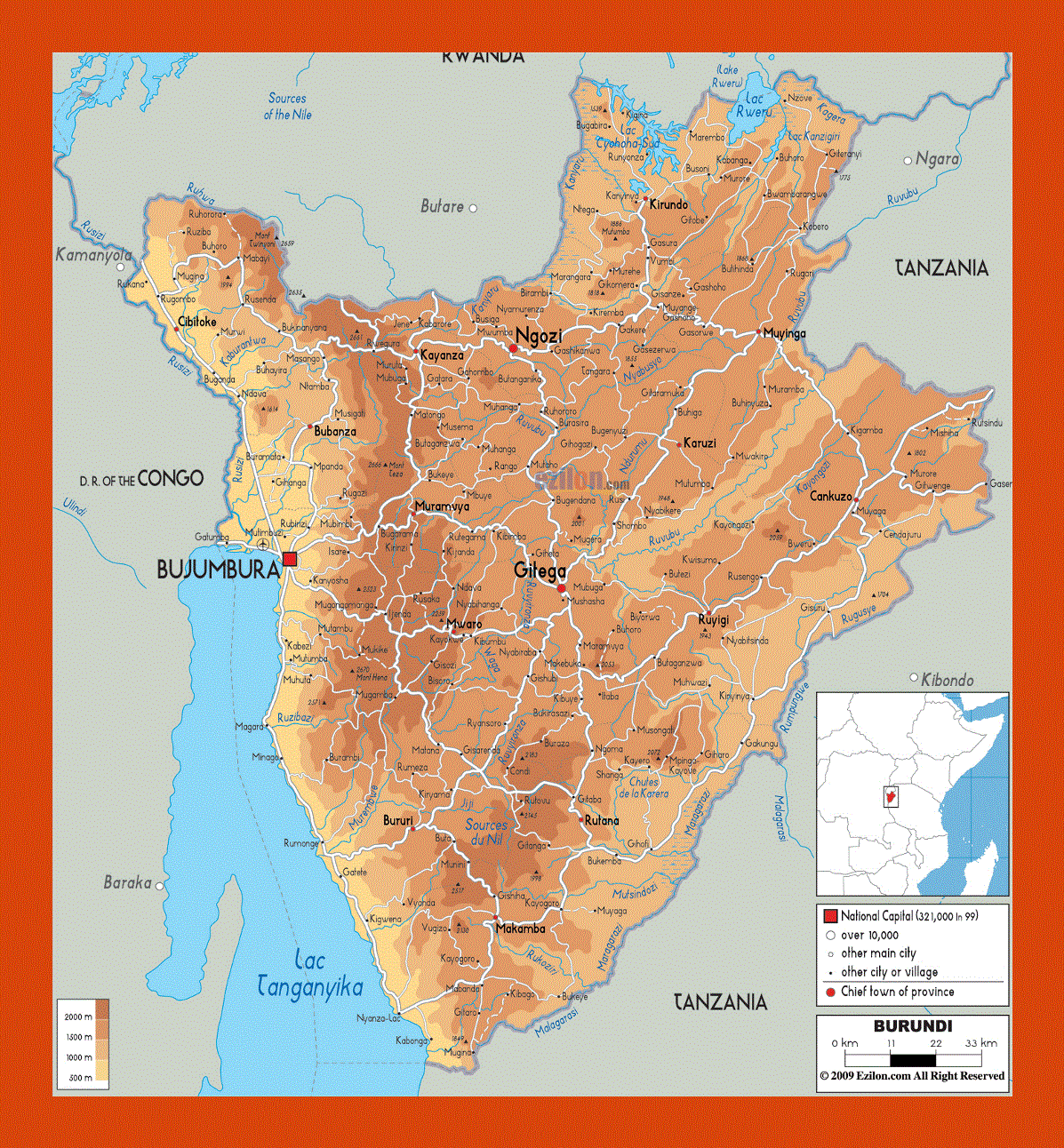 Physical map of Burundi