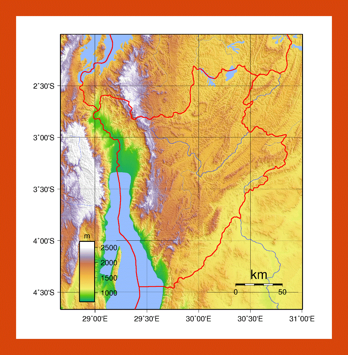 Physical map of Burundi