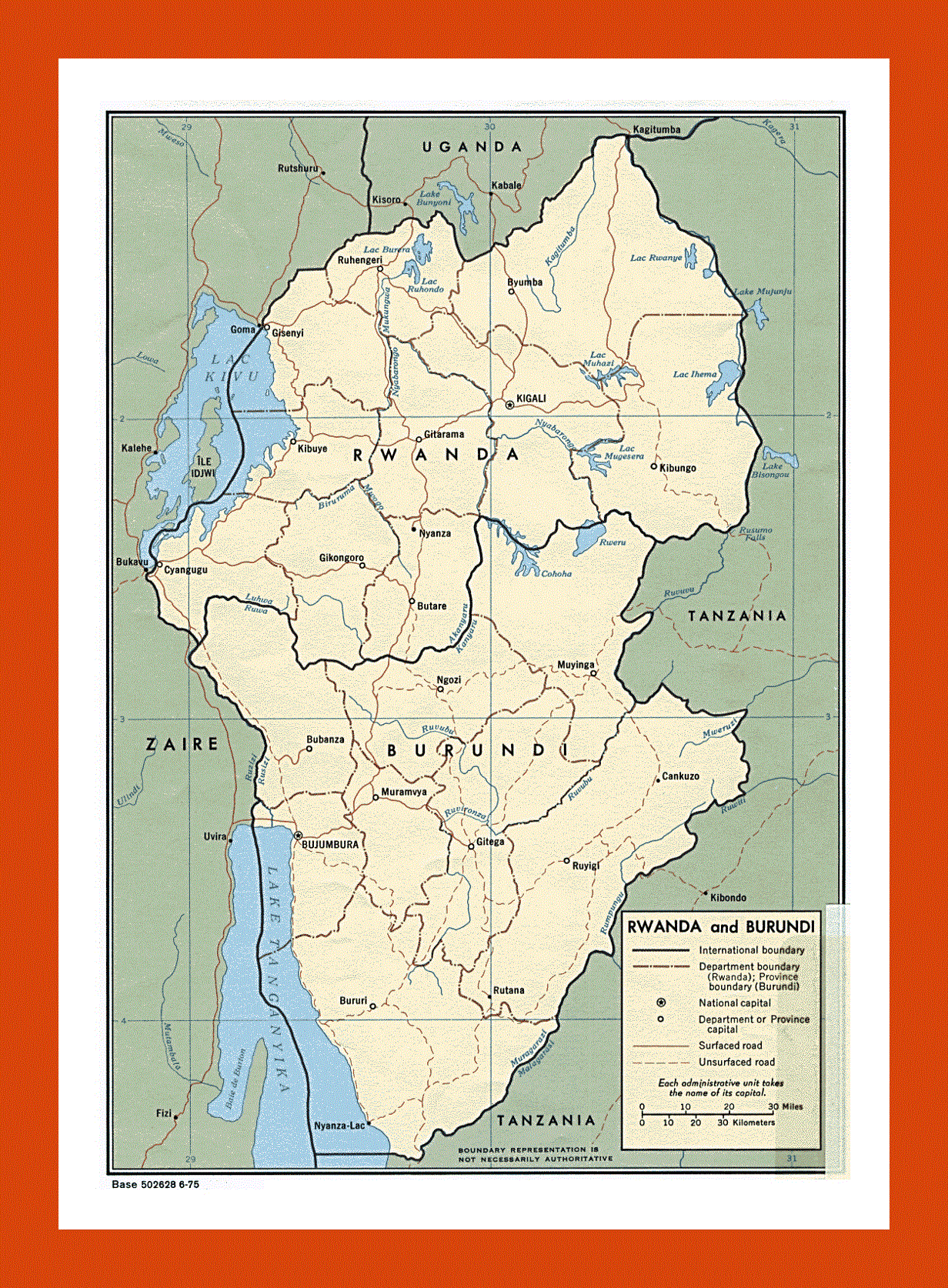 Political and administrative map of Rwanda and Burundi - 1975