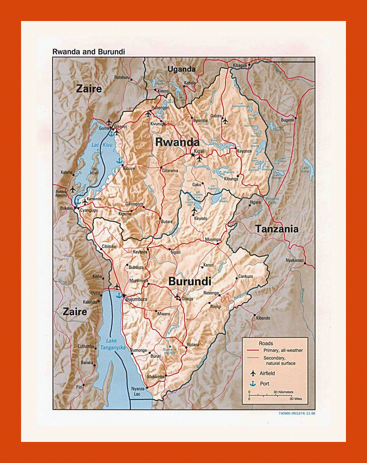 Political map of Rwanda and Burundi - 1996