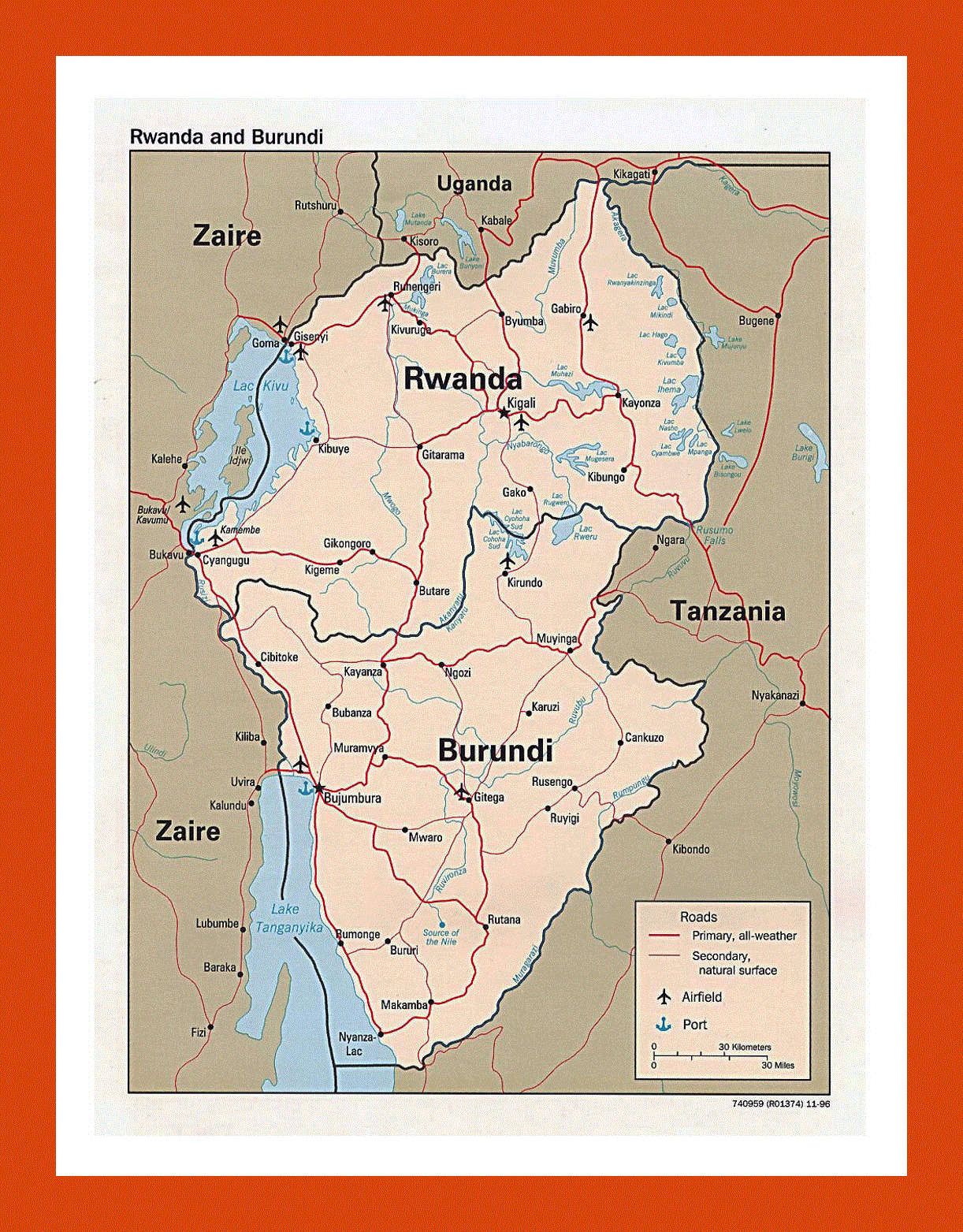 Political map of Rwanda and Burundi - 1996