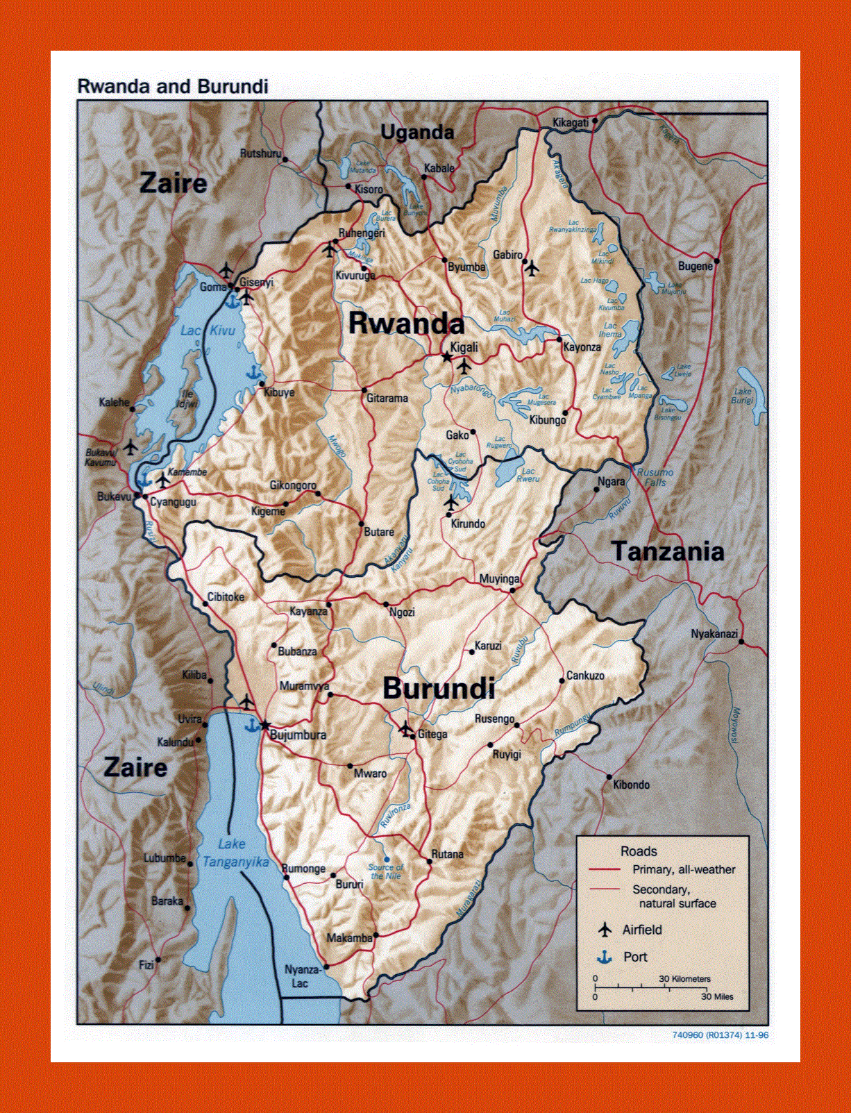 Political map of Rwanda and Burundi - 1996