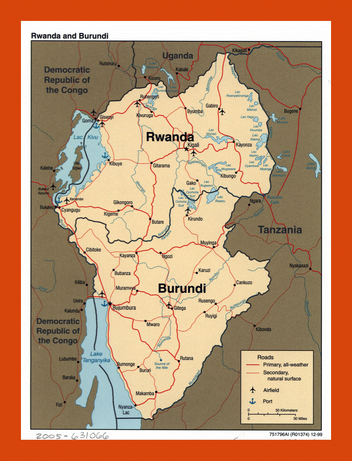 Political map of Rwanda and Burundi - 1999