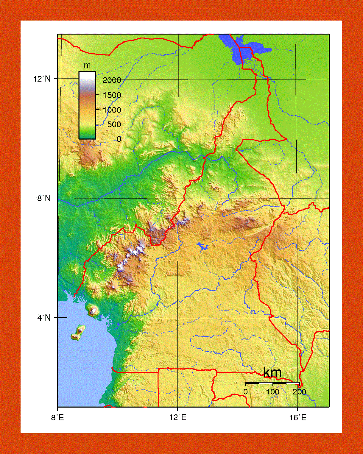 Physical map of Cameroon