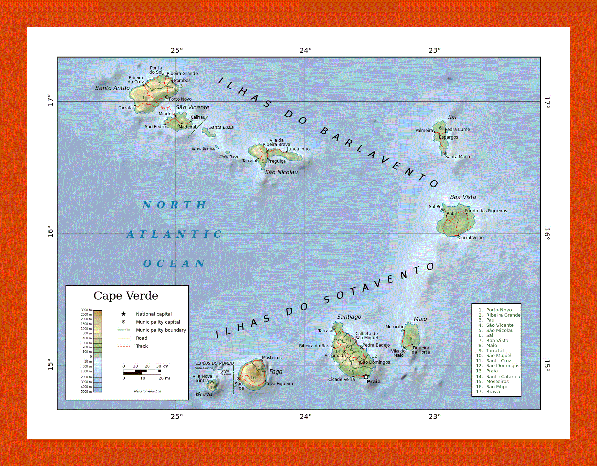 Physical map of Cape Verde