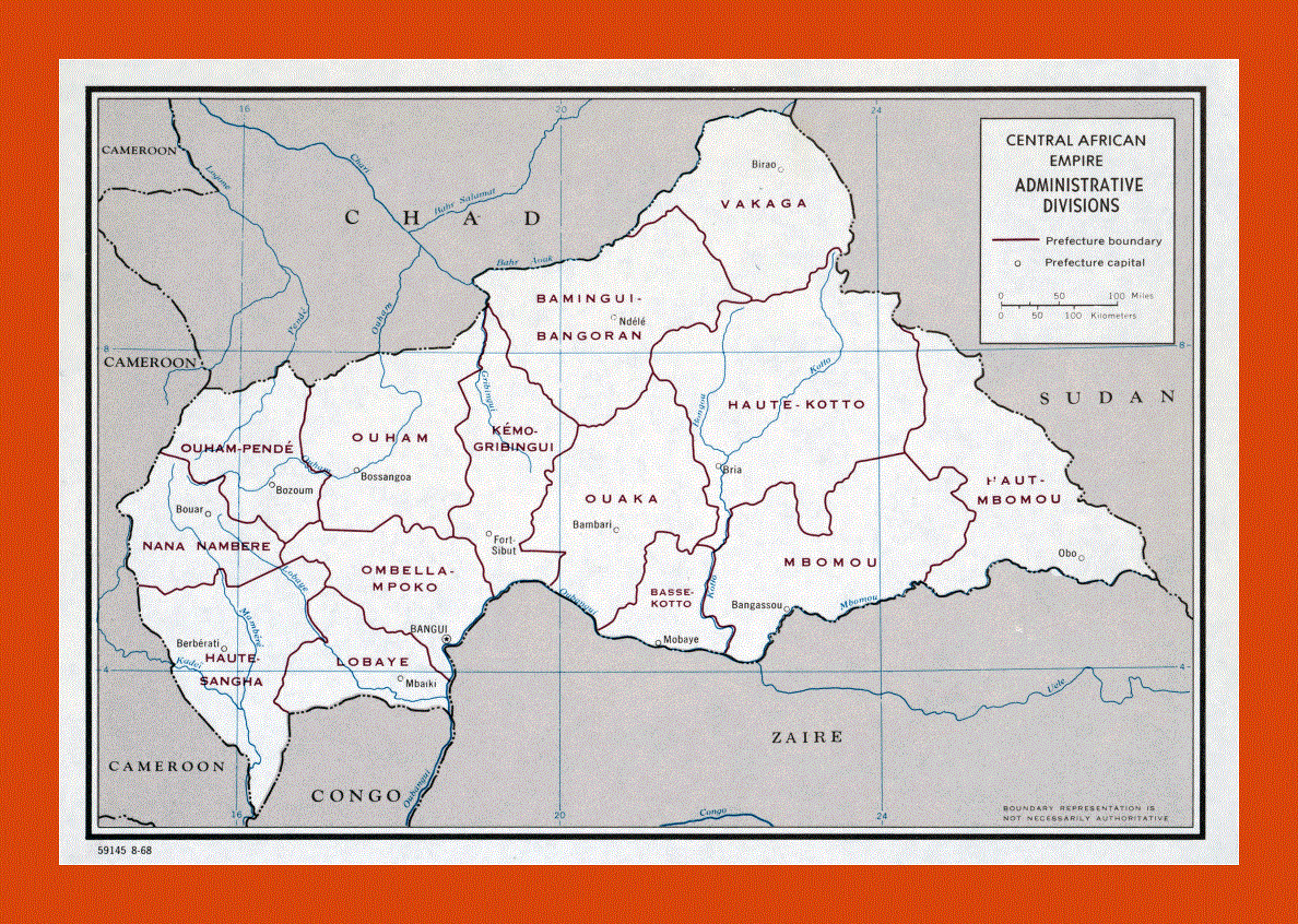 Administrative divisions map of Central African Empire - 1968