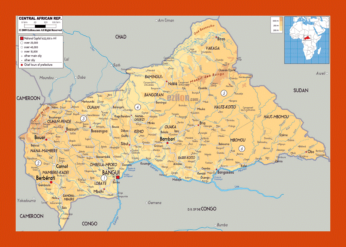 Physical map of Central African Republic