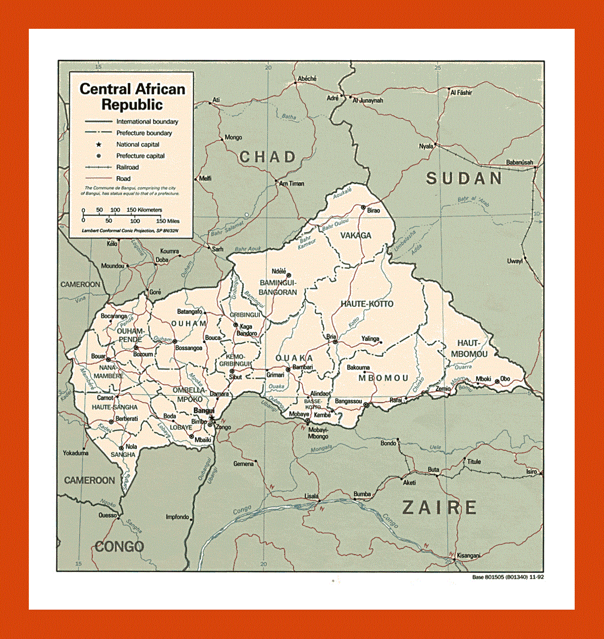Political and administrative map of Central African Republic - 1992