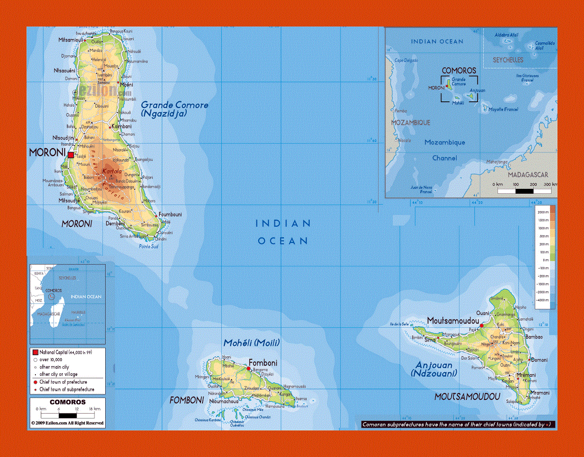 Physical map of Comoros Islands