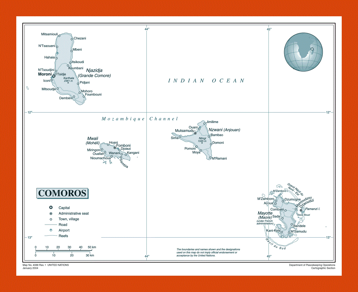 Political map of Comoros Islands