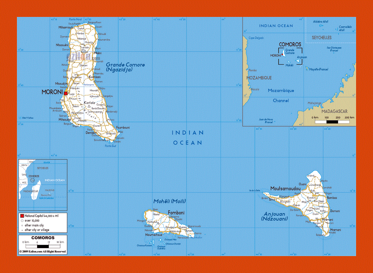 Road map of Comoros Islands