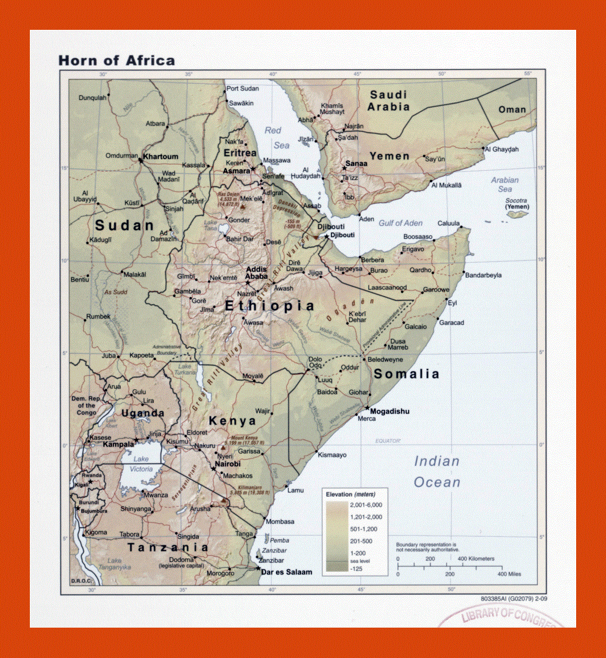 Elevation map of Horn of Africa - 2009