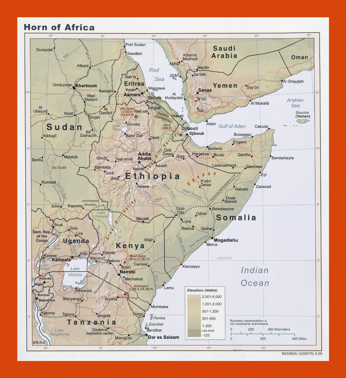 Elevation map of Horn of Africa - 2009 | Maps of Horn of Africa | Maps ...