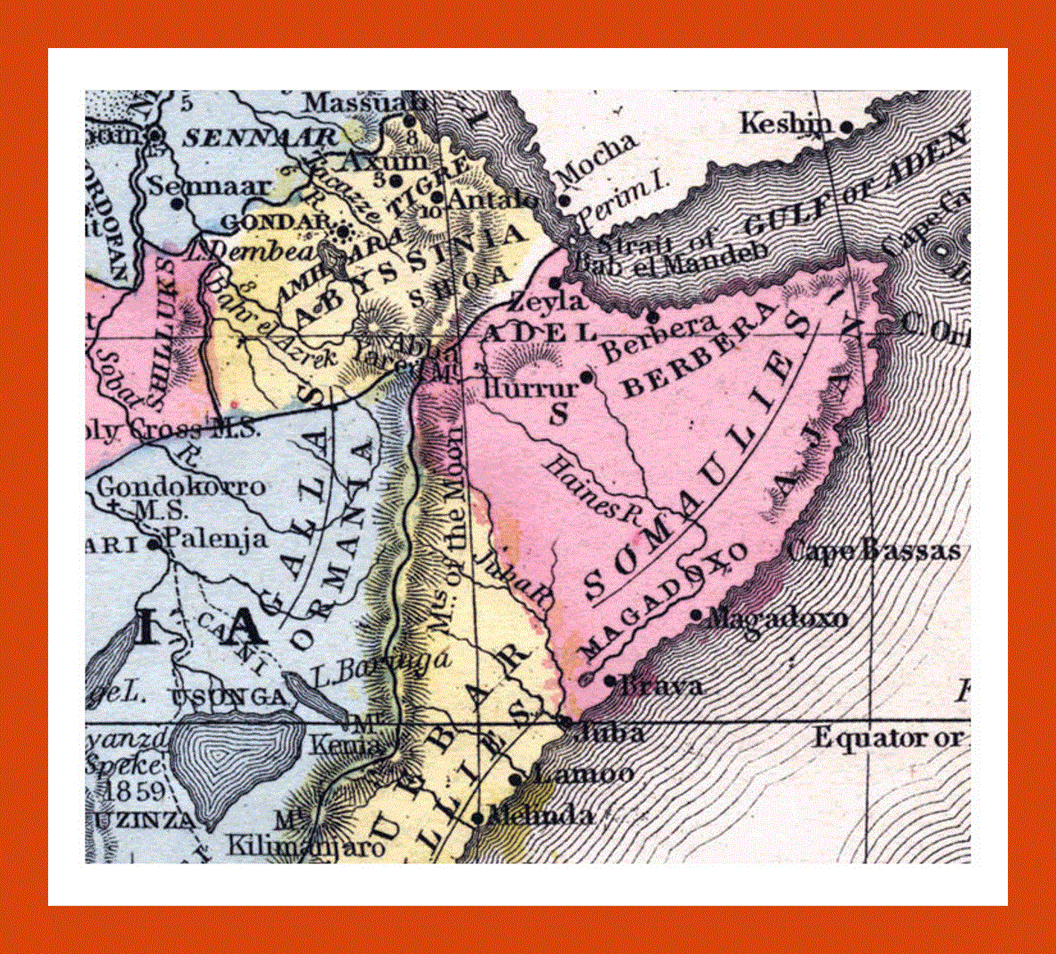 Old political map of Horn of Africa - 1867