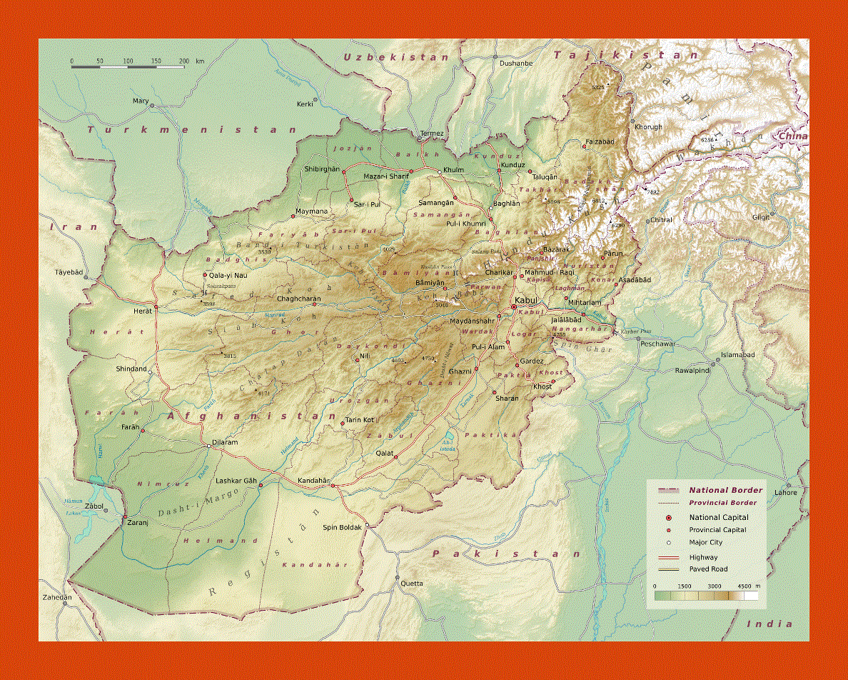 Physical map of Afghanistan