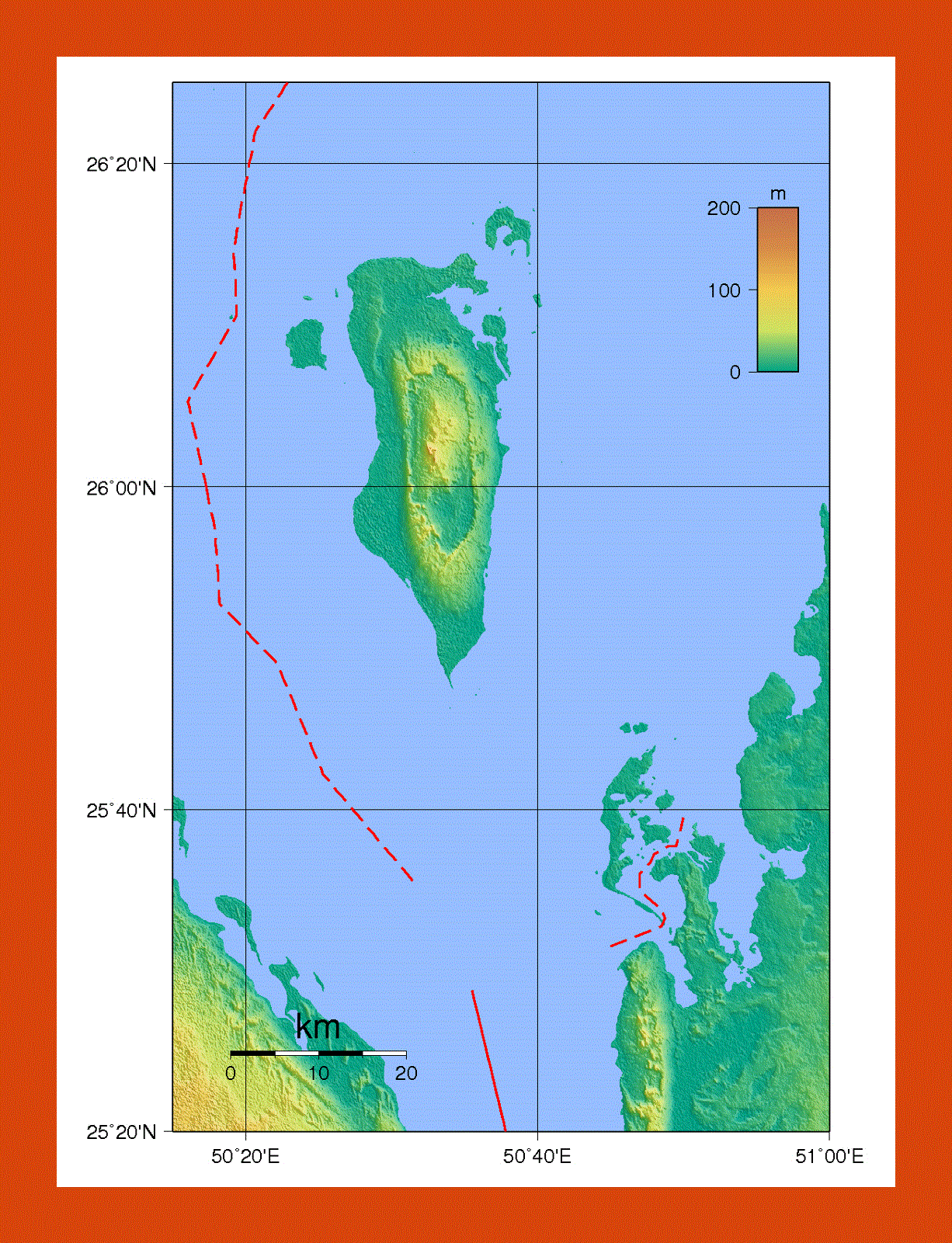 Physical map of Bahrain