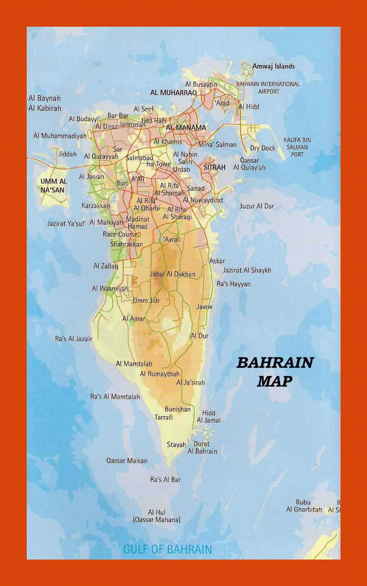Road and elevation map of Bahrain
