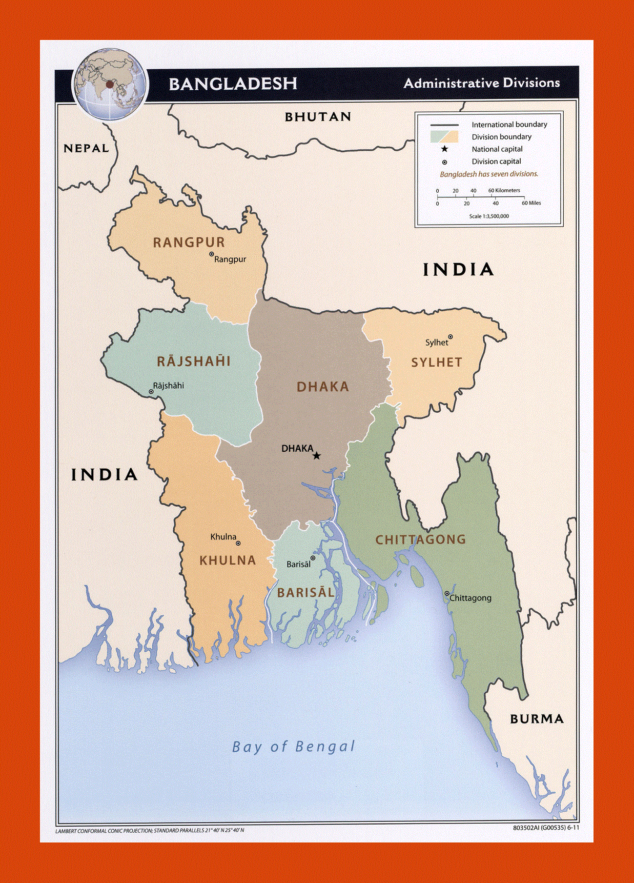 Administrative divisions map of Bangladesh - 2011