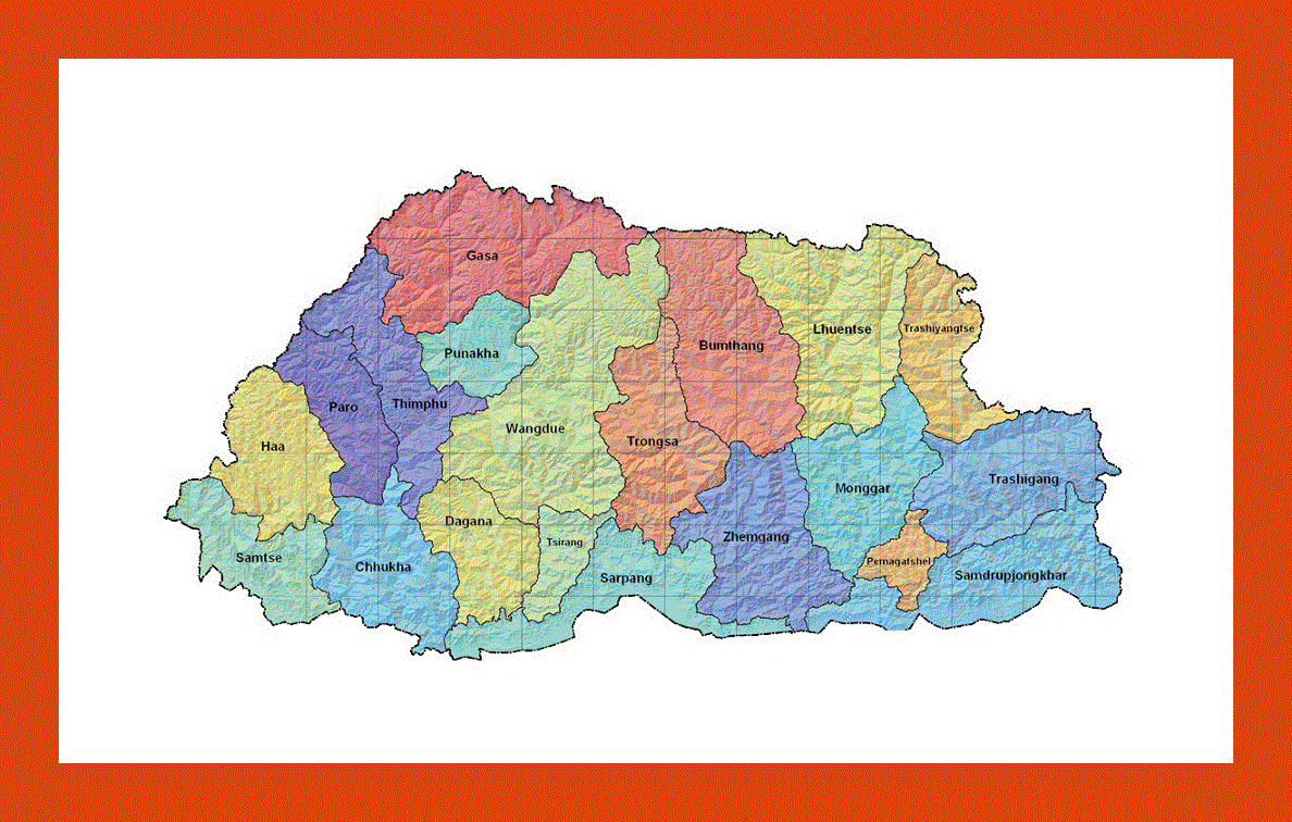 Administrative and relief map of Bhutan