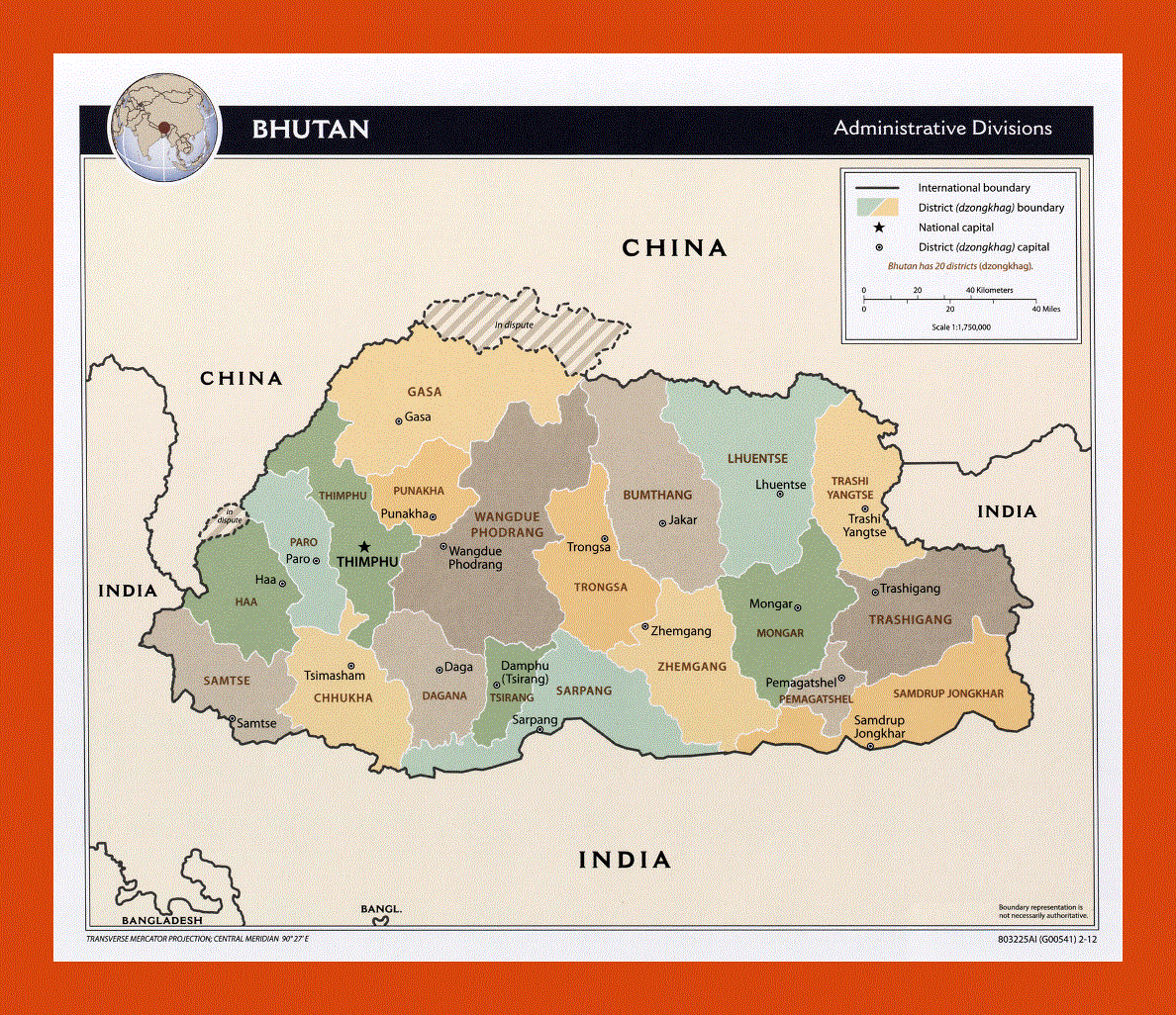 Administrative divisions map of Bhutan - 2012
