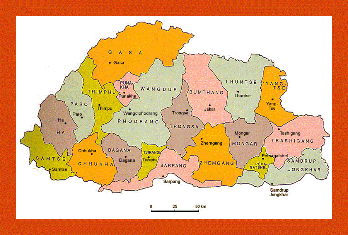 Color administrative map of Bhutan
