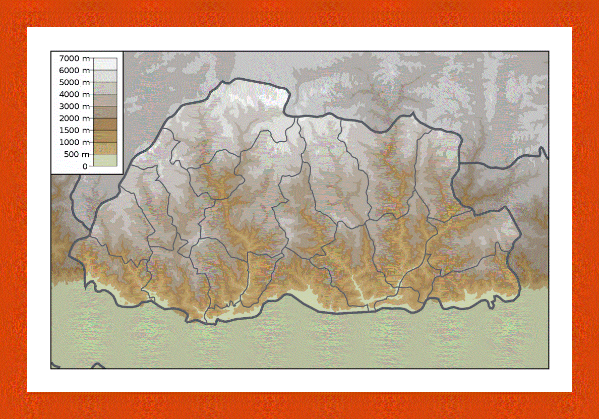 Physical map of Bhutan